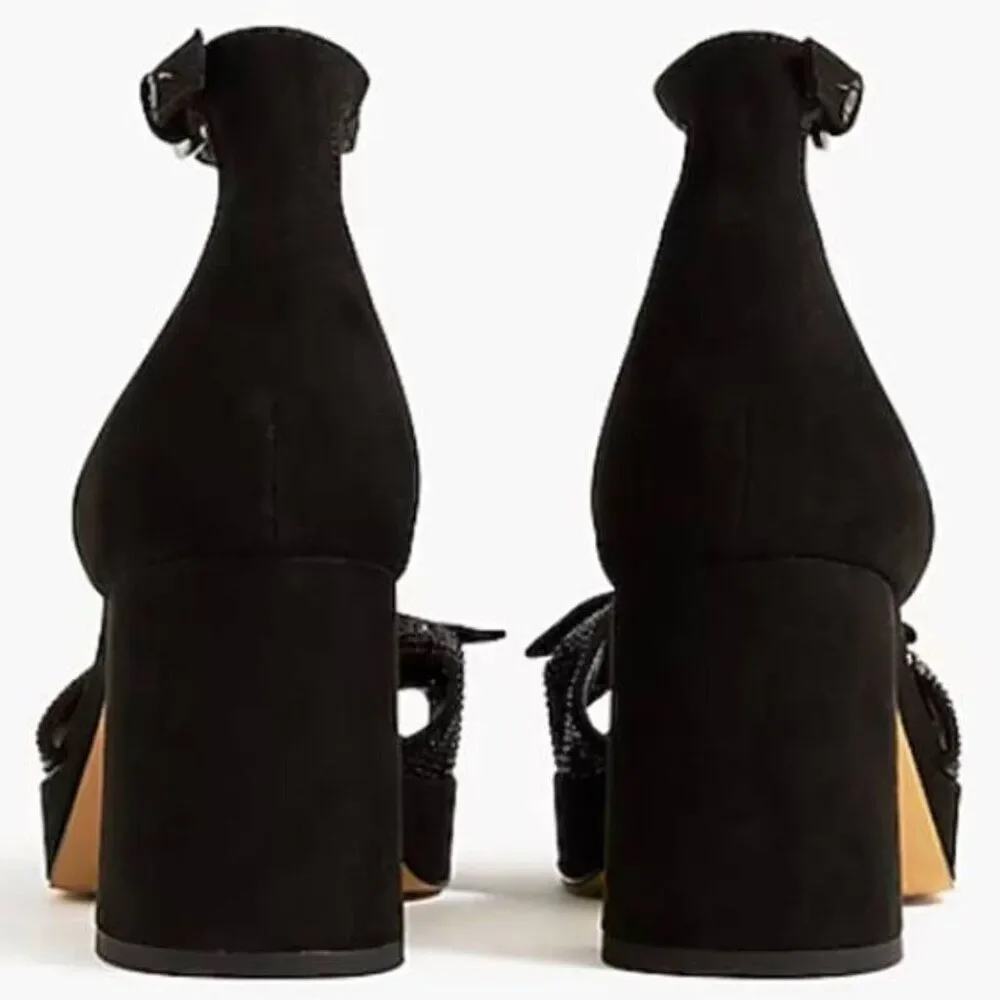 J Crew Women's Rhinestone Bow Sandals Platform Heels Cocktail Evening Black